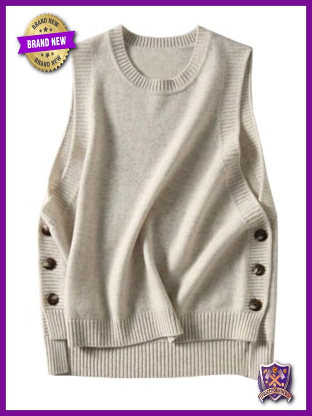 Women's Sleeveless Ribbed Knit Sweater Vest Round Neck Button Side